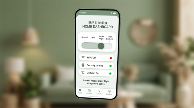 EMF Shield app dashboard shown on a phone